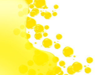 Abstract liquid yellow melting texture isolated, transparent background, golden holographic bubbles fizz, liquid oil or serum sticky background with copy space. Fluid organic shape, smooth fluid gel, 