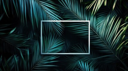 Obraz premium Dark teal palm leaves background with a white rectangular frame in the center.