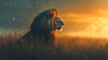 Naklejka premium Majestic Lion at Sunset in Golden Grassland