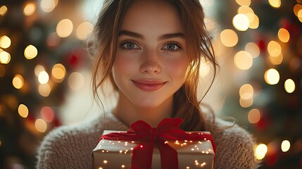 A woman holds a beautifully wrapped gift with a red ribbon, surrounded by warm holiday lights, evoking the joy and warmth of the season.