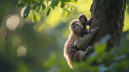 Fototapeta premium A mother monkey tenderly holds her baby clinging to a tree trunk in a lush forest.