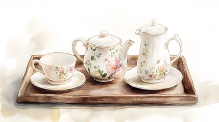 Fototapeta premium Delicate watercolor painting of vintage tea set on wooden tray