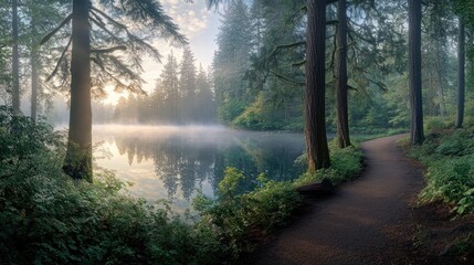 Obraz premium Misty sunrise over serene lake with path.