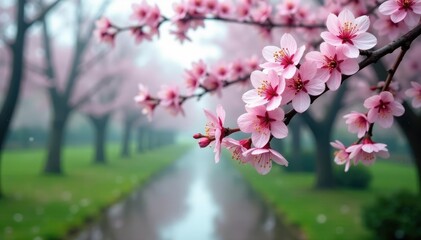 Gentle spring rain nourishes delicate pink and white cherry blossoms, spring, landscape, cherry blossoms