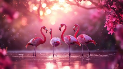 Four pink flamingos standing in a serene pink-hued lake at sunset, surrounded by blossoming trees.