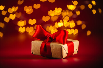 Beautifully wrapped gift box with a red ribbon sits against a background of golden heart-shaped...