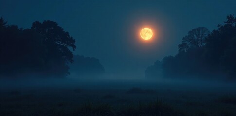 Fototapeta premium Full moon illuminating the dark and misty fog, nighttime, darkness