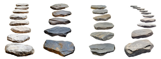 Set collection of rock stone curved stepping step stairs stairway bridge footbridge path pathway on transparent cutout PNG. Many different style. Mockup template for design
