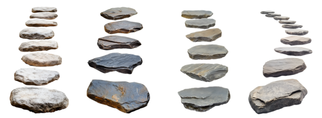 Set collection of rock stone curved stepping step stairs stairway bridge footbridge path pathway on transparent cutout PNG. Many different style. Mockup template for design