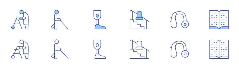 Disability icon set in two styles, Duotone and Thin Line style. Editable stroke. stairs, handicapped, hearing aid, blind, braille, prosthesis