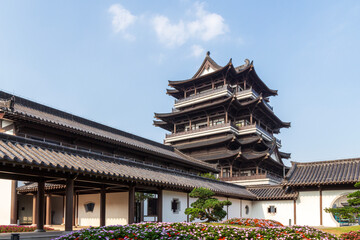 close-up of chinese pavilion in the garden