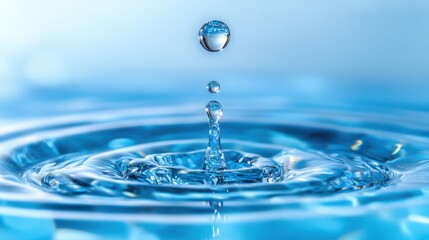 A single water droplet falls into a serene blue surface, creating ripples that spread outward, showcasing the beauty of water in motion.