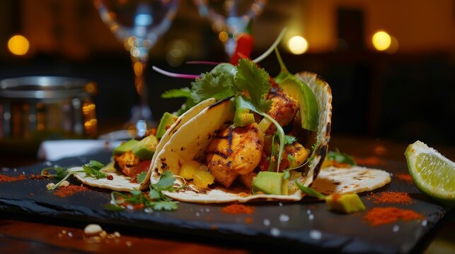 Contemporary Taco Plating with Grilled Ingredients on Display in Modern Presentation Design