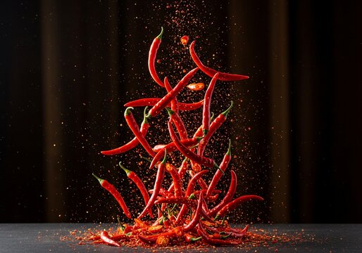 The explosive energy of this image, featuring flying red chilies and a cloud of red powder, suggests a powerful and unforgettable spicy experience