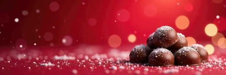 Obraz premium Frosty snowflakes fall gently on a red velvet background with sparkling chocolate drops and soft bokeh lights, christmas, snowy, chocolate