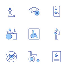 Disability icons set. Line Duotone style, editable stroke. wheelchair, blind, broken arm, disability, worker, prosthesis, smarphone, poster