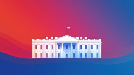 smooth gradient background transitioning from blue to red, with a subtle white silhouette of the White House in the center, creating a symbolic and modern President&rsquo;s Day design