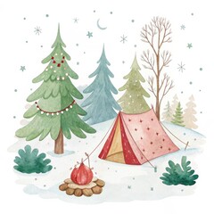 Watercolor Christmas Campsite Festive Tent, Decorated Tree, Winter Wonderland, Christmas Camping, Watercolor Illustration Christmas, Watercolor