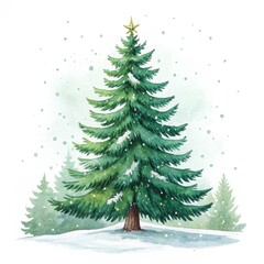 Fototapeta premium Watercolor Christmas Tree Winter Wonderland Scene, Illustration, Holiday, Snow Christmas, Watercolor