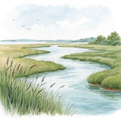 Watercolor Coastal Marsh Landscape Serpentine River, Grasses and Cloudy Sky, watercolor painting, marsh, estuary marsh landscape, coastal scene
