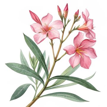 Watercolor Nerium Oleander Botanical Illustration Pink Flowers, Green Leaves, Branch Composition, Floral Art, Nature Nerium, Botanical Illustration
