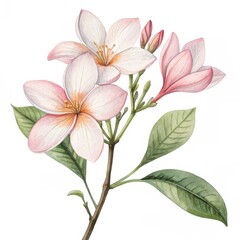 Fototapeta premium Watercolor Plumeria Branch Botanical Illustration, Floral Art, Pink and White Flowers, Soft Hues Plumeria, Watercolor Painting