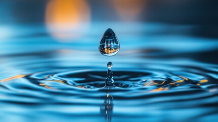 A close-up of a water droplet creating ripples on a surface, capturing the beauty of fluid motion and reflection in blue tones.