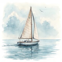 Watercolor Sailboat on Calm Sea Cloudy Sky Composition, Nautical Art, Sailing, Yacht Sailing, Watercolor painting