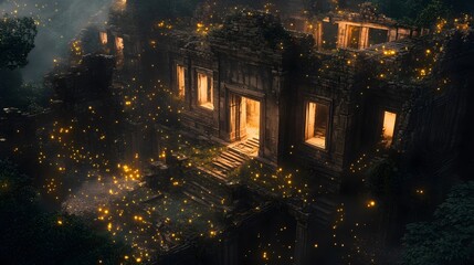 Abandoned castle ruins illuminated at night, overgrown landscape surrounding ancient stone walls, mysterious and enchanting atmosphere.