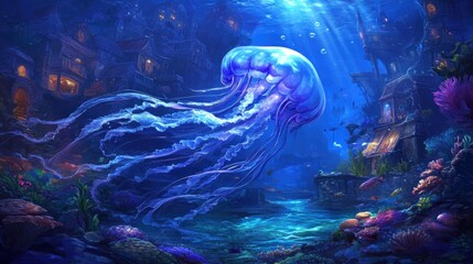 Obraz premium Enchanted Underwater Kingdom: A Luminescent Jellyfish and Sunken City