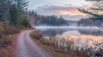 Fototapeta premium Serene autumn sunrise over a calm lake with a winding dirt road.