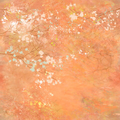 Spring bloom Delicate blooming garden tree branches White small flowers Light muted peach-orange background Abstract painted layered texture