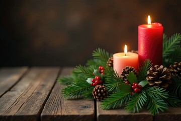 Dark brown wooden branches on a rustic table with candles, pinecones, and holly, rustic, pinecones, woodgrain