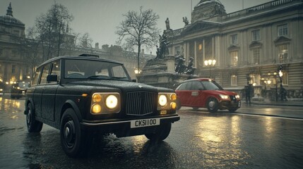 Rainy London Night: Classic Taxi on a City Street
