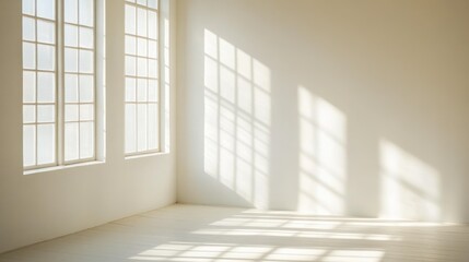 Sunlight streams through large windows into a minimalist white room, casting shadows on the wall and floor.