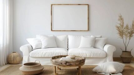 The living room is sparsely decorated with a few potted plants and a coffee table