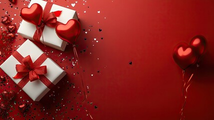 White gift boxes with red ribbon bows, heart shaped balloons, and shiny confetti are displayed as Valentine's Day decorations on a red background with blank space in this top view photo.