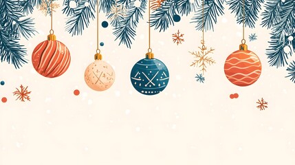 Festive Christmas Ornaments Hanging on Pine Tree Branches