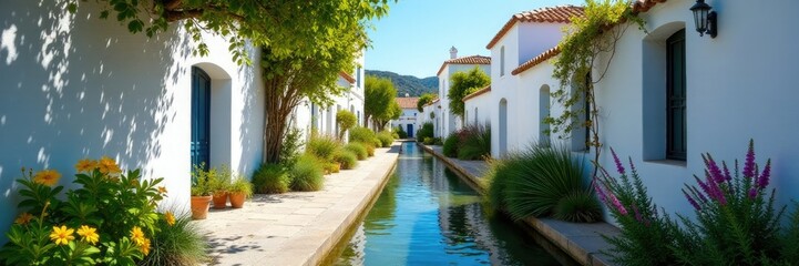 Obraz premium A tiny brook in a white-walled alley amidst Andalusian landscape, blue sky, garden