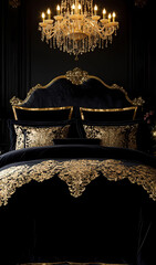 "A luxurious midnight black silk bed sheet with delicate gold embroidery, elegantly covering a king-size bed in a penthouse suite. The bed is adorned with matching gold-trimmed pillows and a plush vel