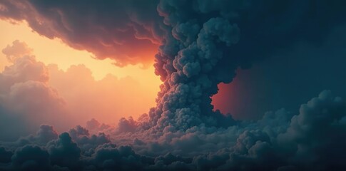 A swirling vortex of smoke ascends through the darkening sky, storm, clouds