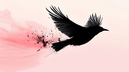 Naklejka premium Black Bird in Flight with Abstract Smoke Trail on Soft Pink Background Minimalist Design