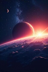 A star rises over a distant planet's atmosphere, asteroid, galaxy