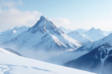 A snow-covered mountain range stretches towards the sky, its peaks and slopes shrouded in mist, mountain range, winter landscape
