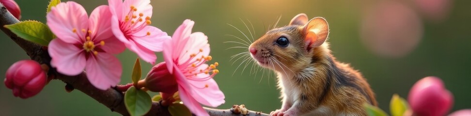 Fototapeta premium A small mouse's whiskers twitch as it sniffs the sweet scent of blooming cherry flowers, whiskers, blooms, flowers