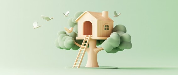 Small house in a tree with birds flying around.