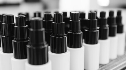 Spray bottles set for cosmetic and other products. Isolated black and white blank containers mockup with black dispenser head. Realistic vector template.