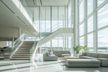 Obraz premium Modern office lobby with glass walls, stairs, and comfortable seating.