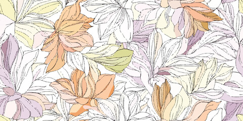 Seamless Line Pattern Flowers. Linear floral seamless pattern in pastel tones. Vector illustration