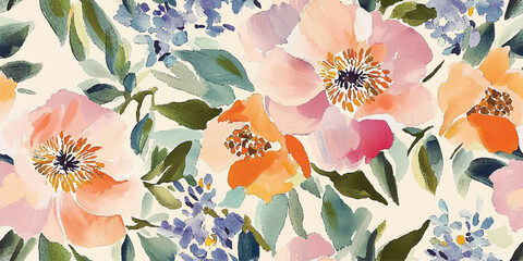Floral abstract vintage seamless vector pattern, spring garden, blooming meadow, flowers, gouache painting, brush strokes, Design fabric, cover, banner, invitation